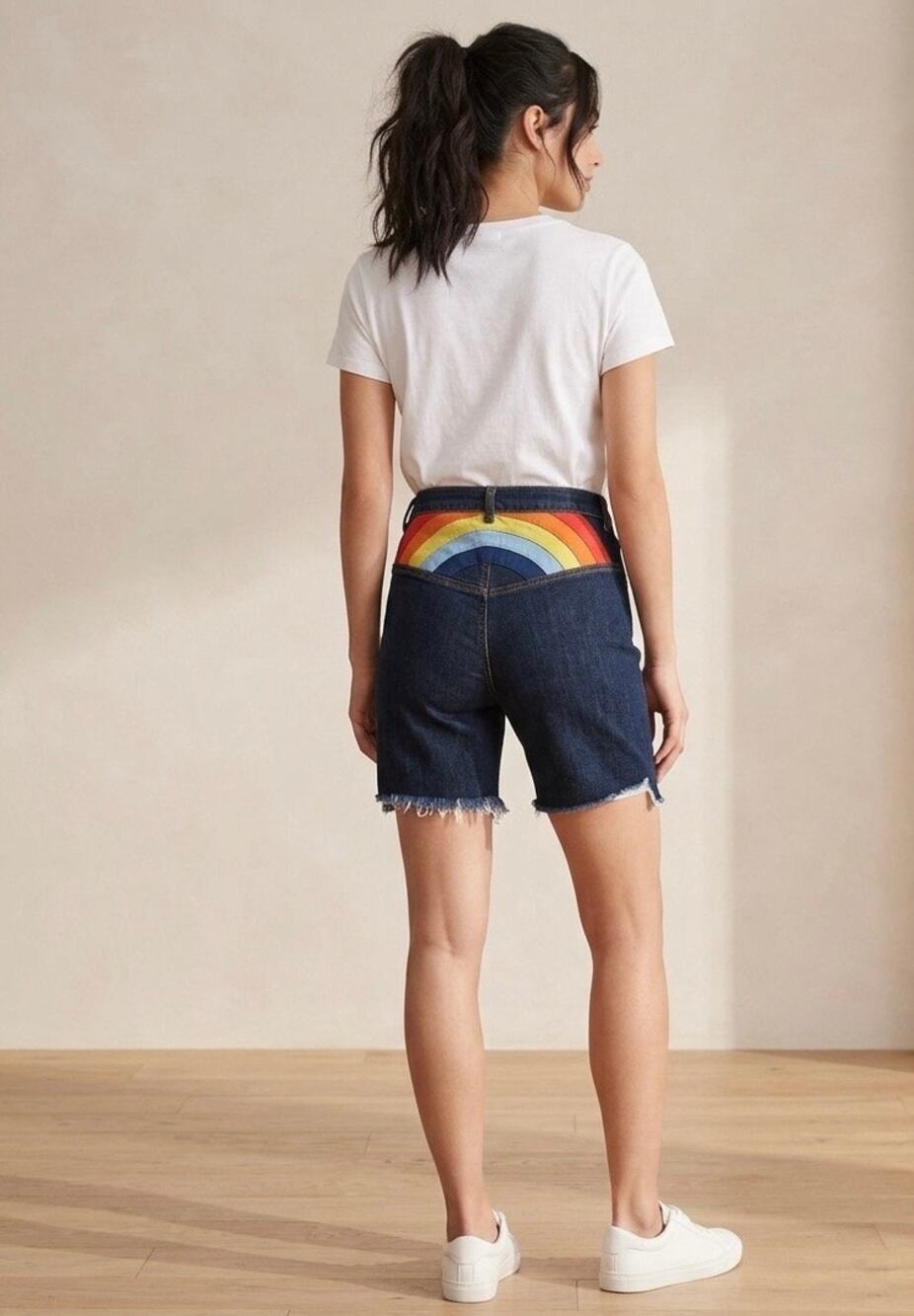 ModCloth Rainbow Dark Wash Long Denim Shorts Sz 4 Festival‎ Pride